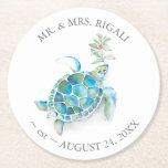 Tropical Beach Christmas Sea Turtle  Round Paper Coaster<br><div class="desc">Tropical beach Christmas coasters were designed using a replica of my original watercolor turquoise blue sea turtle with a sprig of holiday greenery. Personalize with your name and wedding date. To see more cute tropical beach wedding favours and holiday party decor visit www.zazzle.com/dotellabelle</div>