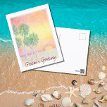 Tropical Beach Christmas Sunset Palm Trees Holiday Postcard<br><div class="desc">Tropical Beach Christmas holiday postcard,  with a colourful hand drawn art piece design of an island sunset. With customizable lettering,  you can add your own text. A fun card to send to loved ones far and near.</div>