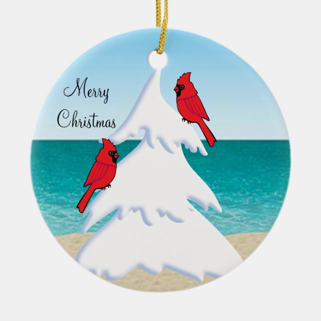 Tropical Beach Christmas Tree Red Cardinals Ceramic Ornament (Front)