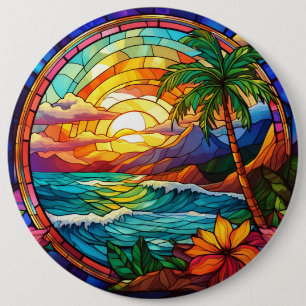 tropical beach cliffs stained glass art 6 inch round button
