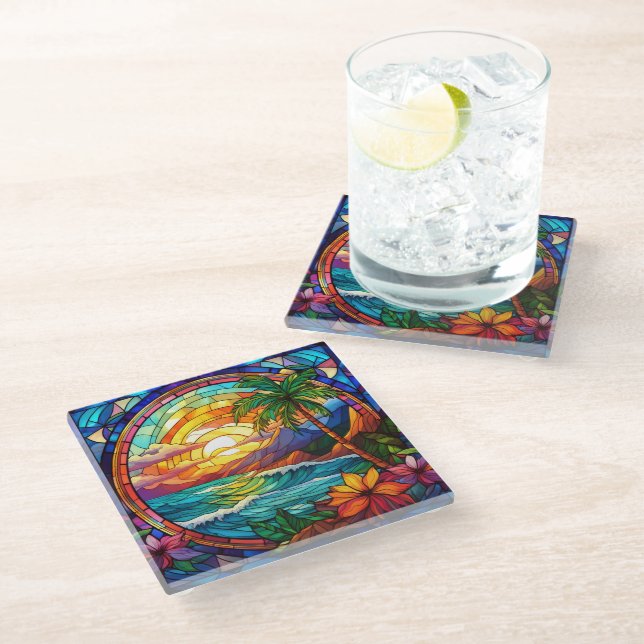 tropical beach cliffs stained glass art coaster (Angled)