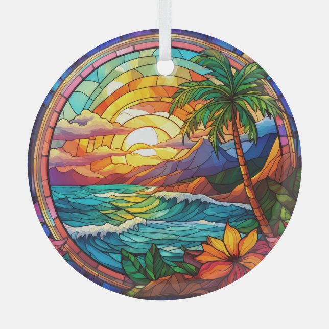 tropical beach cliffs stained glass art glass ornament (Front)