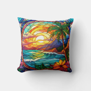 tropical beach cliffs stained glass art throw pillow