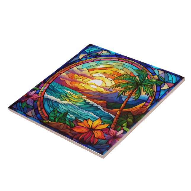 tropical beach cliffs stained glass art tile (Side)