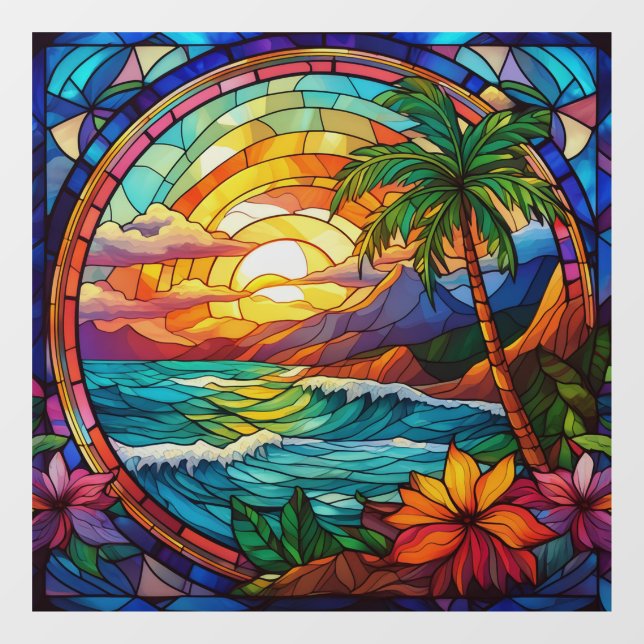 tropical beach cliffs stained glass art window cling (Sheet)