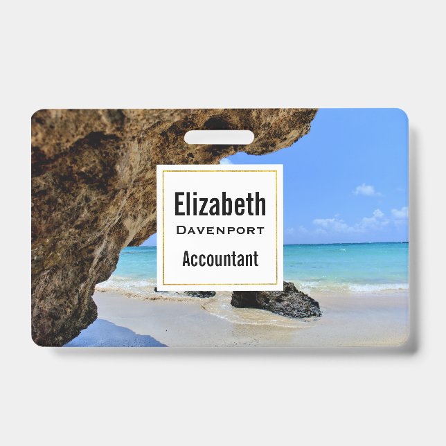 Tropical Beach Coast with a Big Rock Badge (Front)