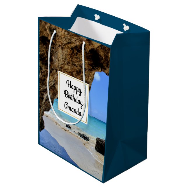 Tropical Beach Coast with a Big Rock Birthday Medium Gift Bag (Back Angled)