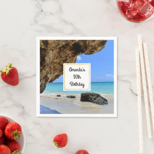 Tropical Beach Coast with a Big Rock Birthday Napkin