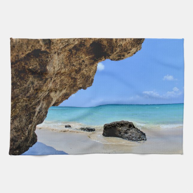 Tropical Beach Coast with a Big Rock Kitchen Towel (Horizontal)