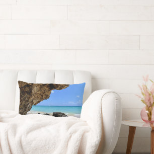 Tropical Beach Coast with a Big Rock Lumbar Pillow