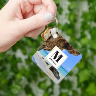Tropical Beach Coast with a Big Rock Monogram Keychain