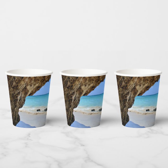 Tropical Beach Coast with a Big Rock Paper Cups (Multi)