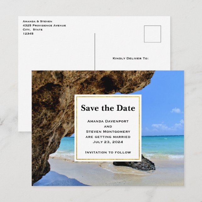 Tropical Beach Coast with a Big Rock Save the Date Invitation Postcard (Front/Back)