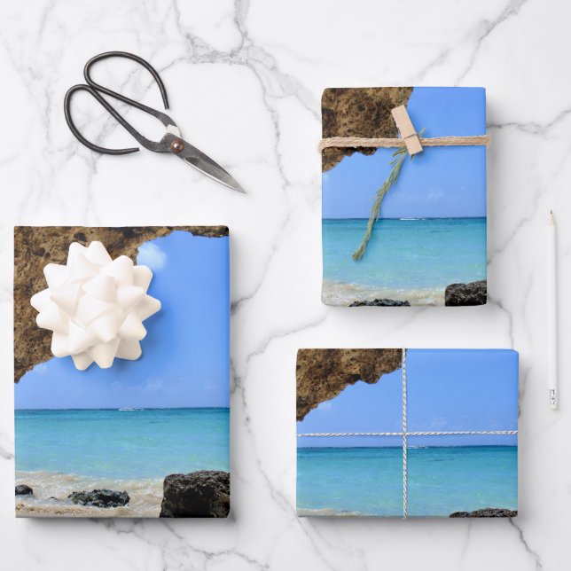 Tropical Beach Coast with a Big Rock Wrapping Paper Sheet (Front)