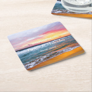 Tropical Beach Coastal Destination Summer Wedding Square Paper Coaster
