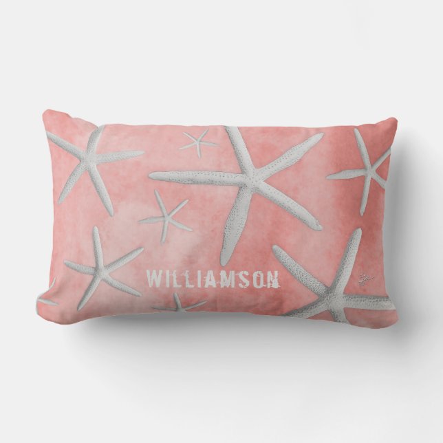 Tropical Beach Coastal Starfish Modern Coral Lumbar Pillow (Front)