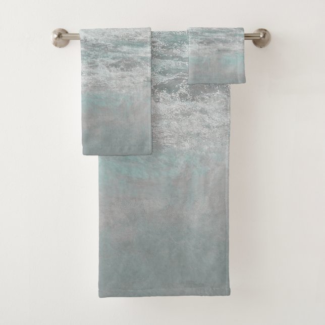 Tropical Beach Coastal Turquoise White Ocean Waves Bath Towel Set (Insitu)