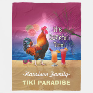 Tropical Beach Cocktail Bar Funny Rooster Chicken Fleece Blanket