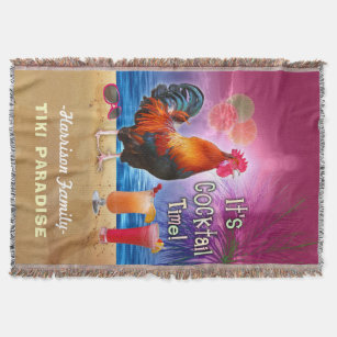 Tropical Beach Cocktail Bar Funny Rooster Chicken Throw Blanket