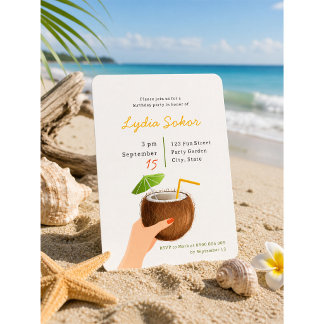 Tropical Beach Coconut Drink Birthday Invitation