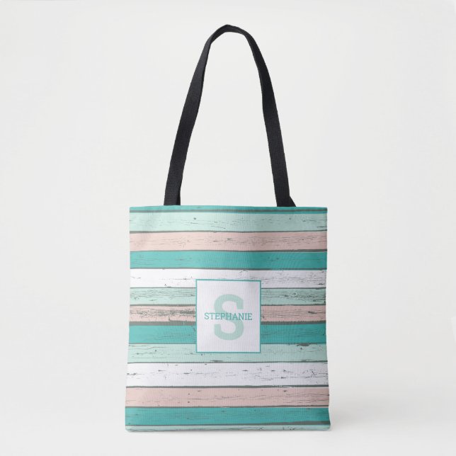 Tropical Beach Cottage Rustic Wood Monogram Tote Bag (Front)
