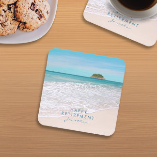 Tropical Beach Custom Text "Happy Retirement" Square Paper Coaster