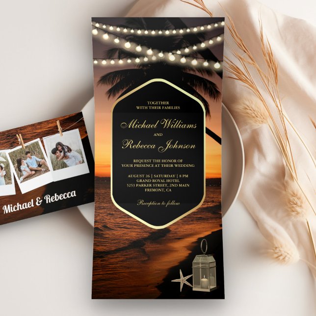 Tropical Beach Dark Sunset String Lights Wedding Tri-Fold Invitation (Creator Uploaded)