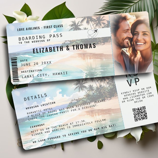 Tropical Beach Destination Airplane Ticket Wedding Invitation (destination wedding tropical beach boarding pass photo wedding invitation palm tree ocean pastel)