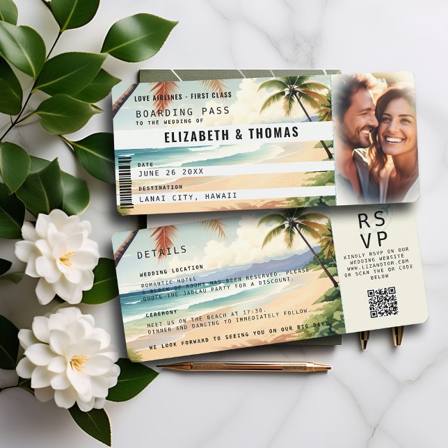 Tropical Beach Destination Boarding Pass Wedding Invitation (elegant boarding pass wedding invitation tropical beach palm trees ocean photo template QR code chic)