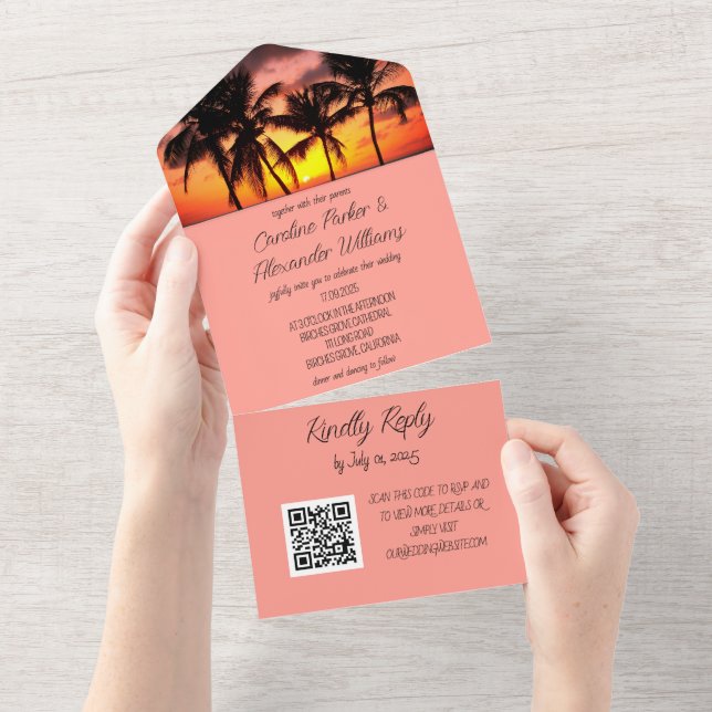 Tropical Beach Destination Elegant RSVP QR Code  All In One Invitation (Tearaway)
