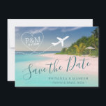 Tropical Beach Destination Wedding Airplane Heart  Save The Date<br><div class="desc">Beach destination wedding save the date card with a heart airplane over a clear blue turquoise teal ocean shoreline with lush tropical palm trees and sandy beach with a modern and fun type design. Use the Design Tool Template Editor to change anything on the design such as text colours, fonts,...</div>
