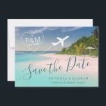 Tropical Beach Destination Wedding Airplane Heart  Save The Date<br><div class="desc">Beach destination wedding save the date card with a heart airplane over a clear blue turquoise teal ocean shoreline with lush tropical palm trees and sandy beach with a modern and fun type design. Use the Design Tool Template Editor to change anything on the design such as text colours, fonts,...</div>