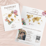 Tropical Beach Destination Wedding Passport QR Cod Invitation<br><div class="desc">Modern and Colourful Floral Invitation Wedding Destination,  like passport. Golden world map the front page,  with tropical flowers. Perfect design for your summer beach wedding. Add the QR code of your wedding website</div>