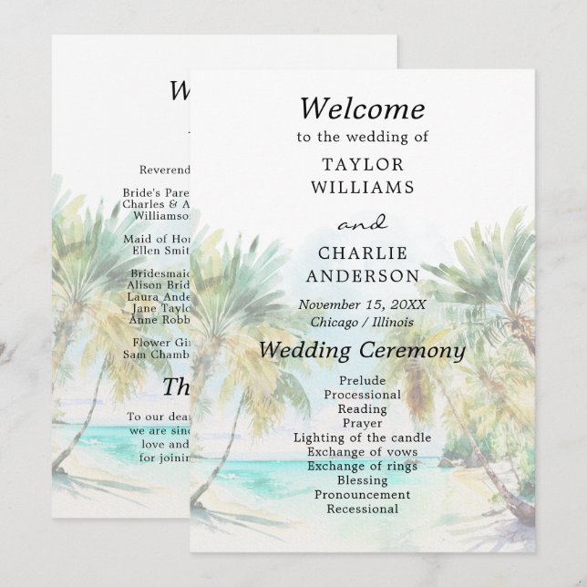 Tropical Beach Destination Wedding Program (Front/Back)