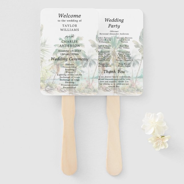 Tropical Beach Destination Wedding Program Hand Fan (Front and Back)