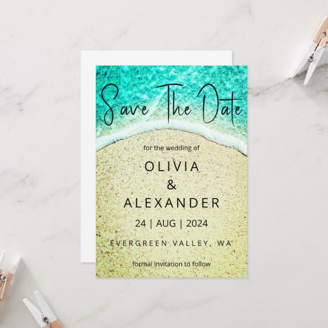 tropical beach destination wedding save the date invitation (Front/Back In Situ)