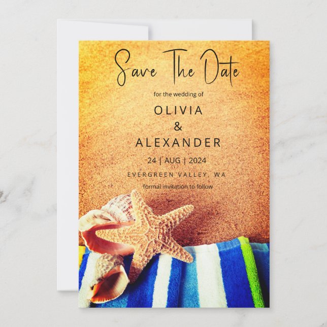 tropical beach destination wedding save the date invitation (Front)
