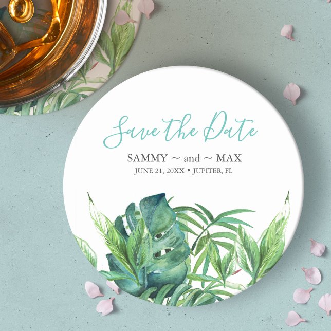 Tropical Beach Destination Wedding Save the Date Round Paper Coaster (Save the Date Round Paper Coaster Tropical Beach Destination Wedding )