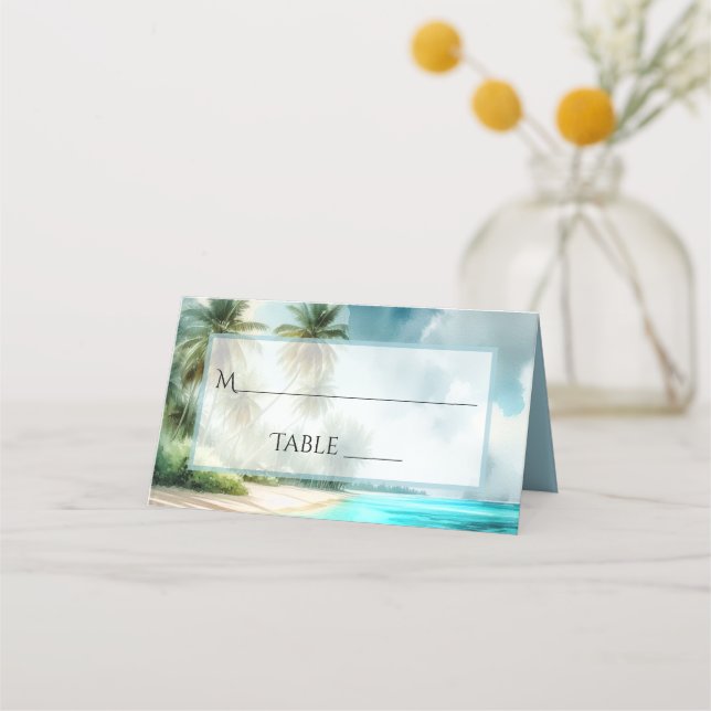 Tropical Beach Elegant Watercolor Wedding Write-In Place Card (Front)