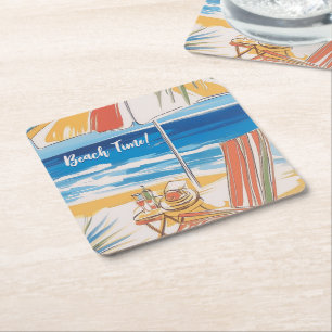 Tropical Beach Escape - Personalized Summer  Square Paper Coaster