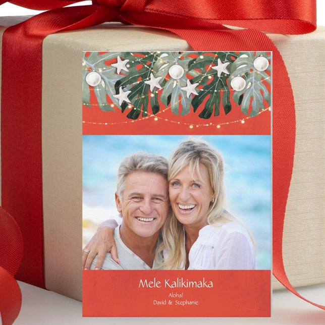 Tropical Beach Family Photo  Holiday Card (Mele Kalikimaka -Elegant beach vacation holiday Christmas card. Watercolor floral beach theme. )
