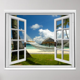 Tropical Beach Faux Artificial Window View Poster