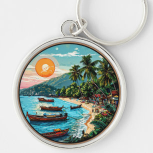 Tropical Beach Featuring Boats, Palm Trees Keychain