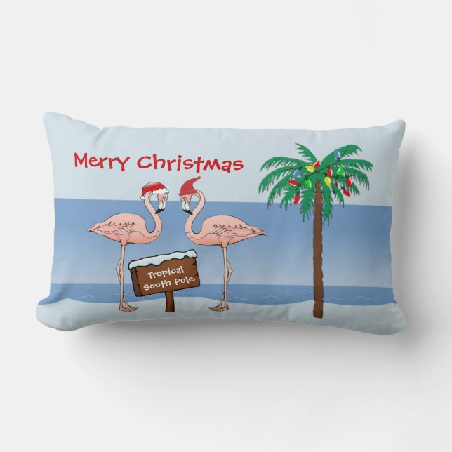 Tropical Beach Flamingo Palm South Pole Christmas Lumbar Pillow (Front)