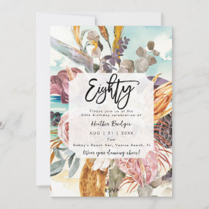 Tropical beach floral 80th birthday party invitation