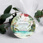 Tropical Beach Floral Palm Wedding Favour Classic Round Sticker<br><div class="desc">Add a special touch to envelopes, goodie bags, handmade treats, and more with our elegant tropical stickers. Add your custom wording to this design by using the "Edit this design template" boxes on the right hand side of the item, or click the blue "Customize it" button to arrange the text,...</div>