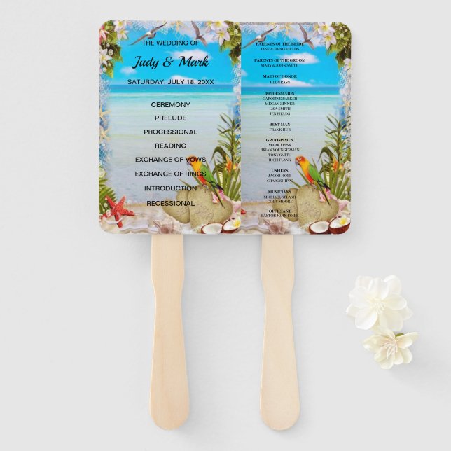 Tropical Beach Floral Wedding Program Fans (Front and Back)