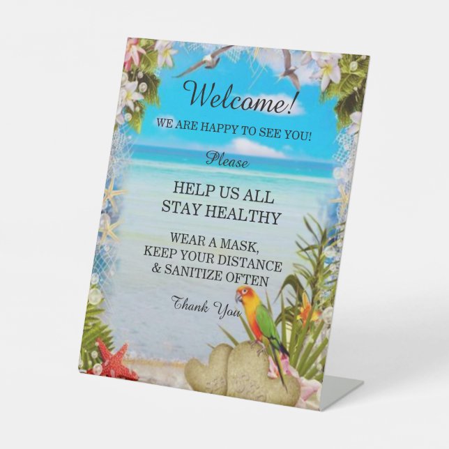 Tropical Beach Floral Wedding Safety  Pedestal Sign (Front)