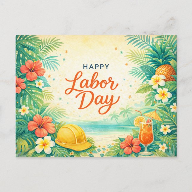 Tropical Beach Flowers Happy Labor Day Holiday Postcard (Front)