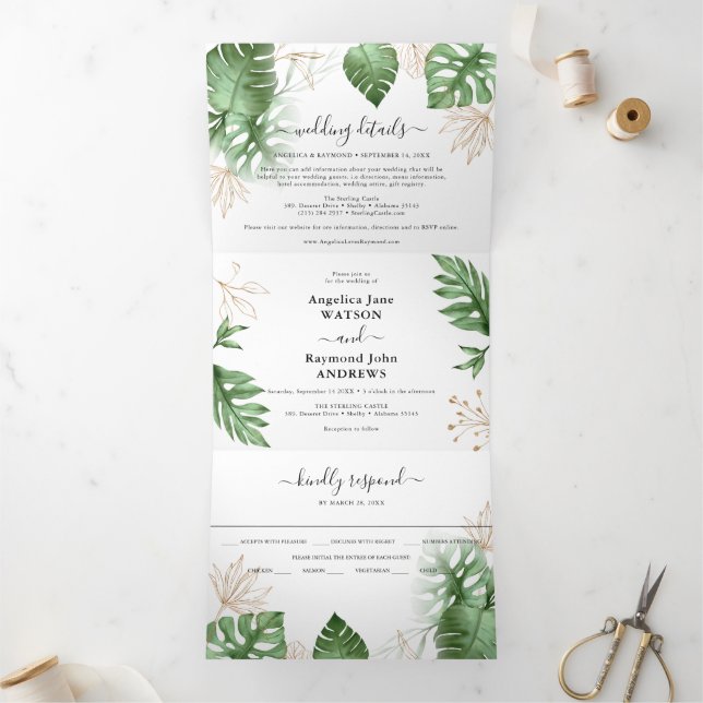 Tropical Beach Foliage & Gold Elegant Wedding Tri-Fold Invitation (Inside)
